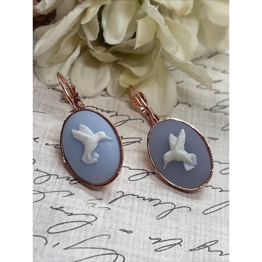 Blue White  Hummingbird ROSE Gold Boutique French Wire Cameo Earrings Wedding